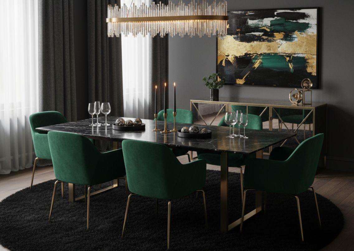 Dining room with black table, green chairs, gold accents - Beautiful Homes