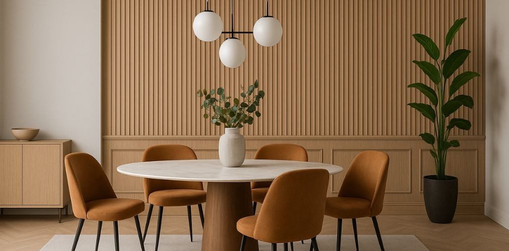 Dining room with round table and orange chairs - Beautiful Homes