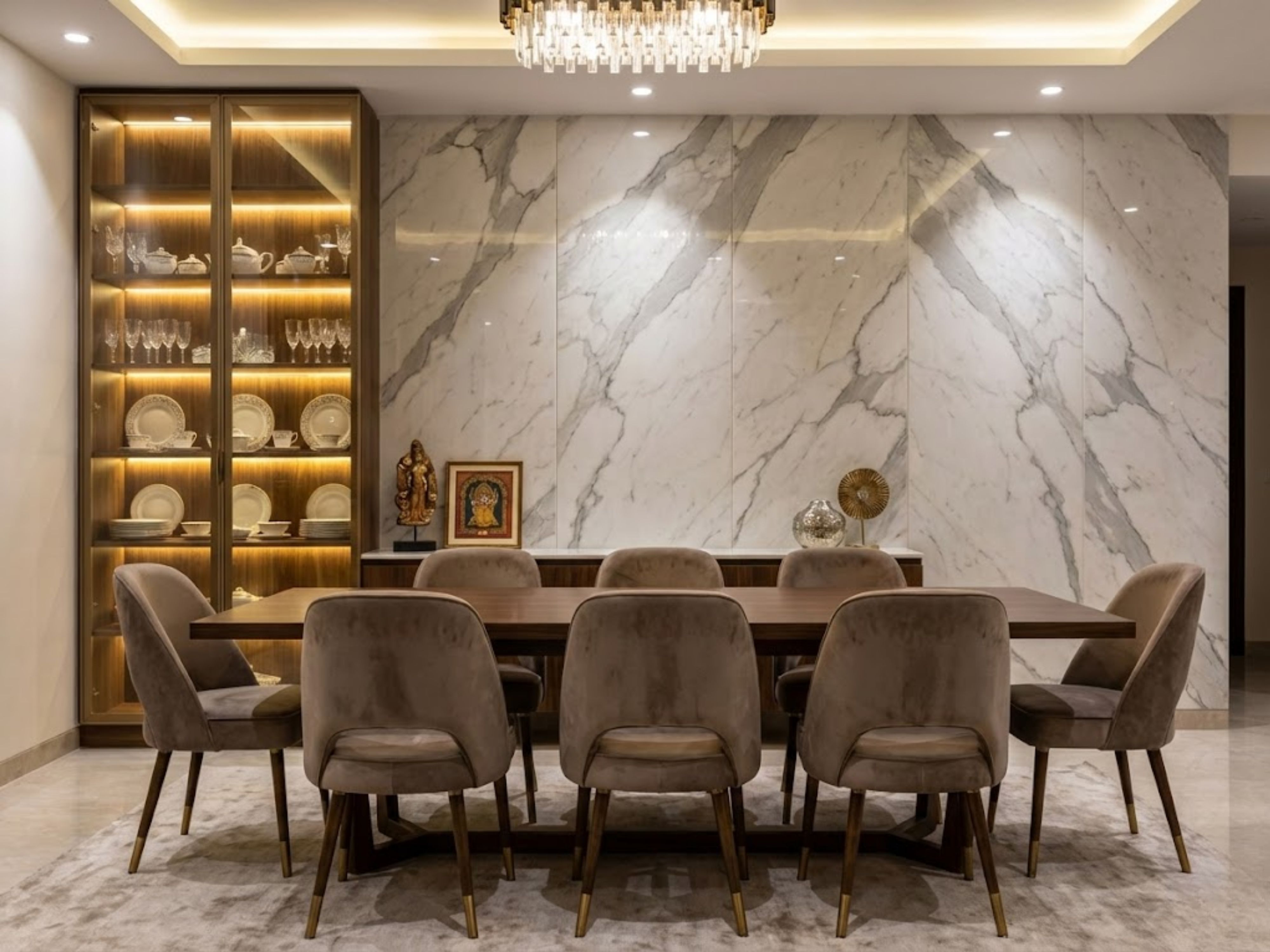Luxury dining room with marble wall and wooden table - Beautiful Homes