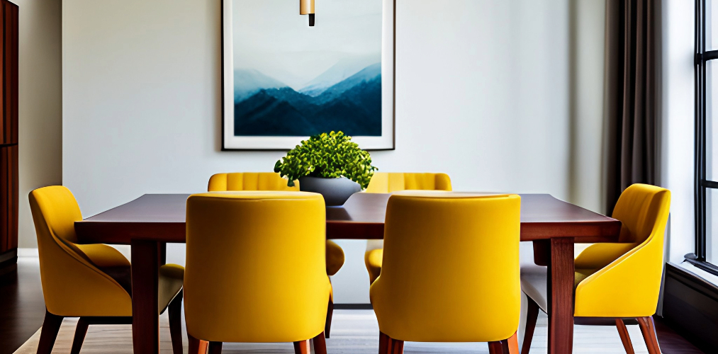 Dining room with dark wood table and yellow chairs-Beautiful Homes