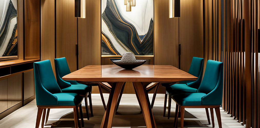 Wooden dining table with turquoise chairs-Beautiful Homes