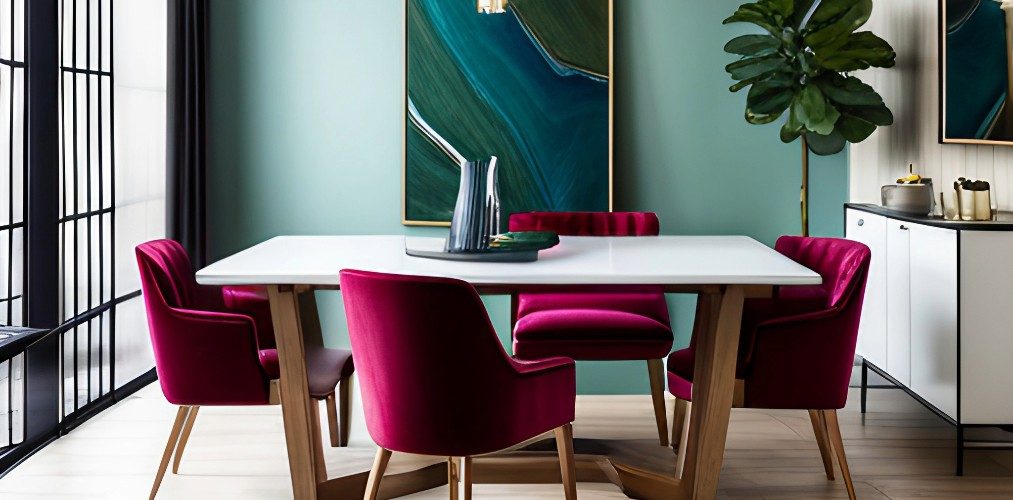 Dining room with marble dining table and pink velvet chairs-Beautiful Homes