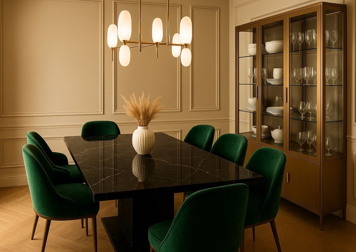 Modern dining room with elegant décor	Elegant dining room with green chairs and black table - Beautiful Homes