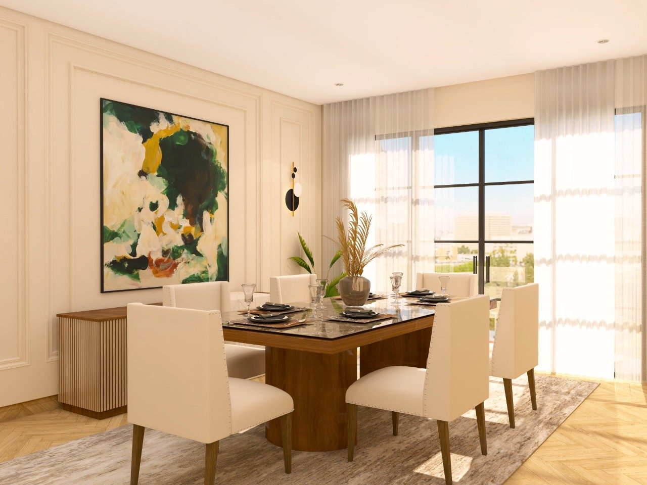 Dining room with glass wooden dining table and white chairs-Beautiful Homes