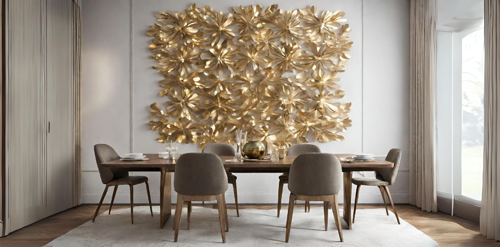 Dining room with gold metal wall art - Beautiful Homes