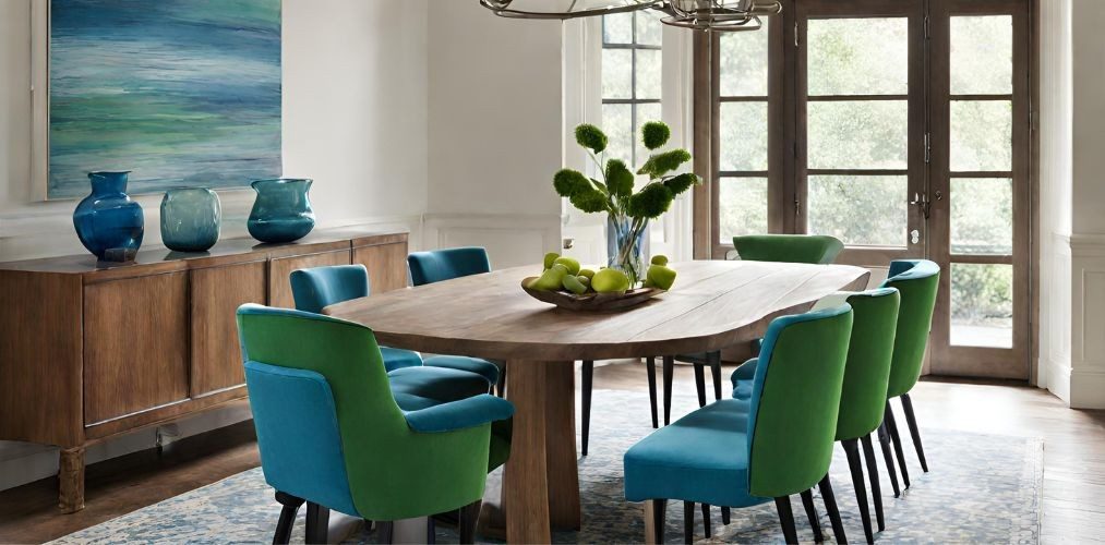 Dining room with green and blue upholstered chairs - Beautiful Homes