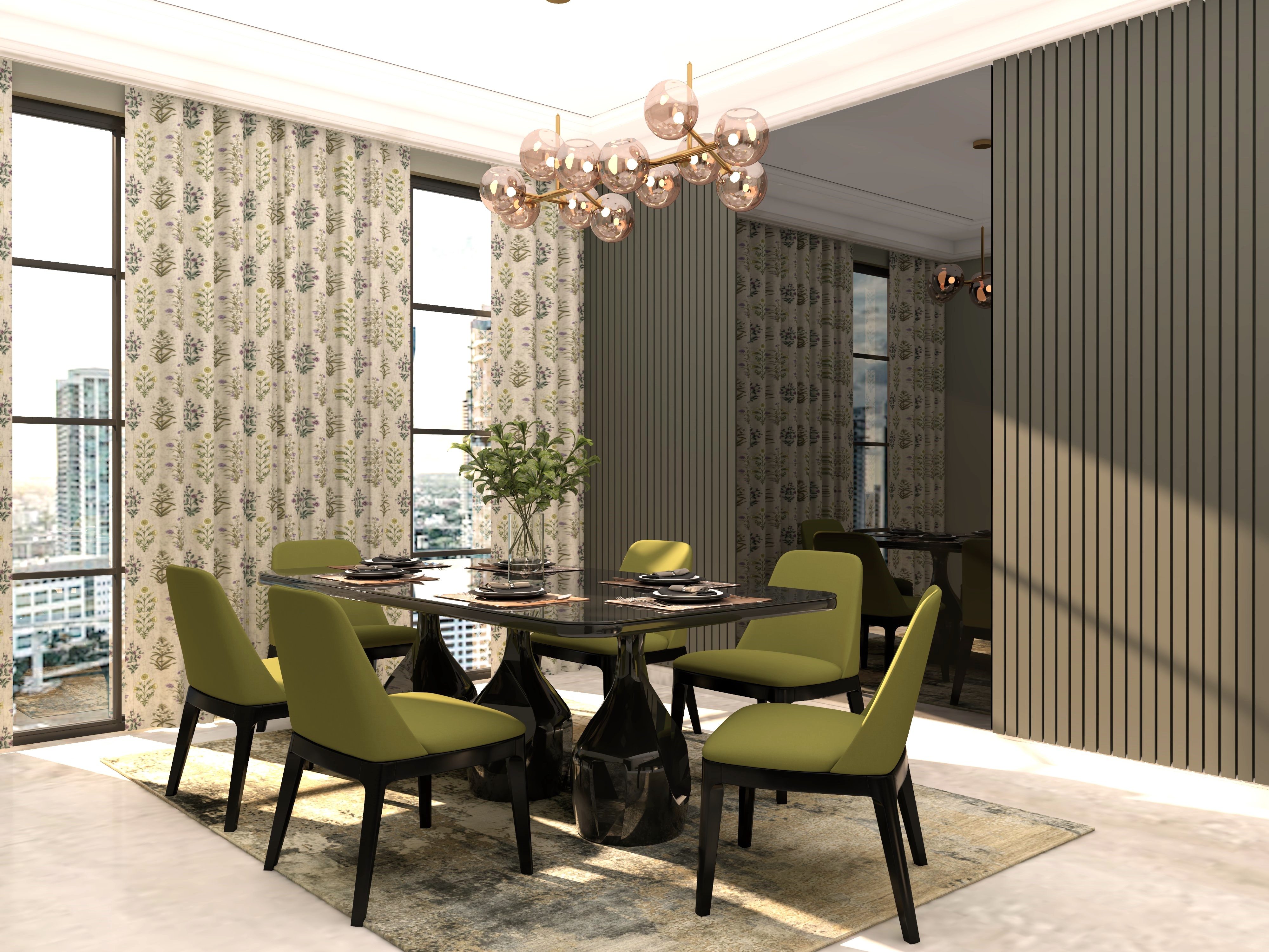 Dining room with green upholstered chairs and brown fluted wall paneling-Beautiful Homes