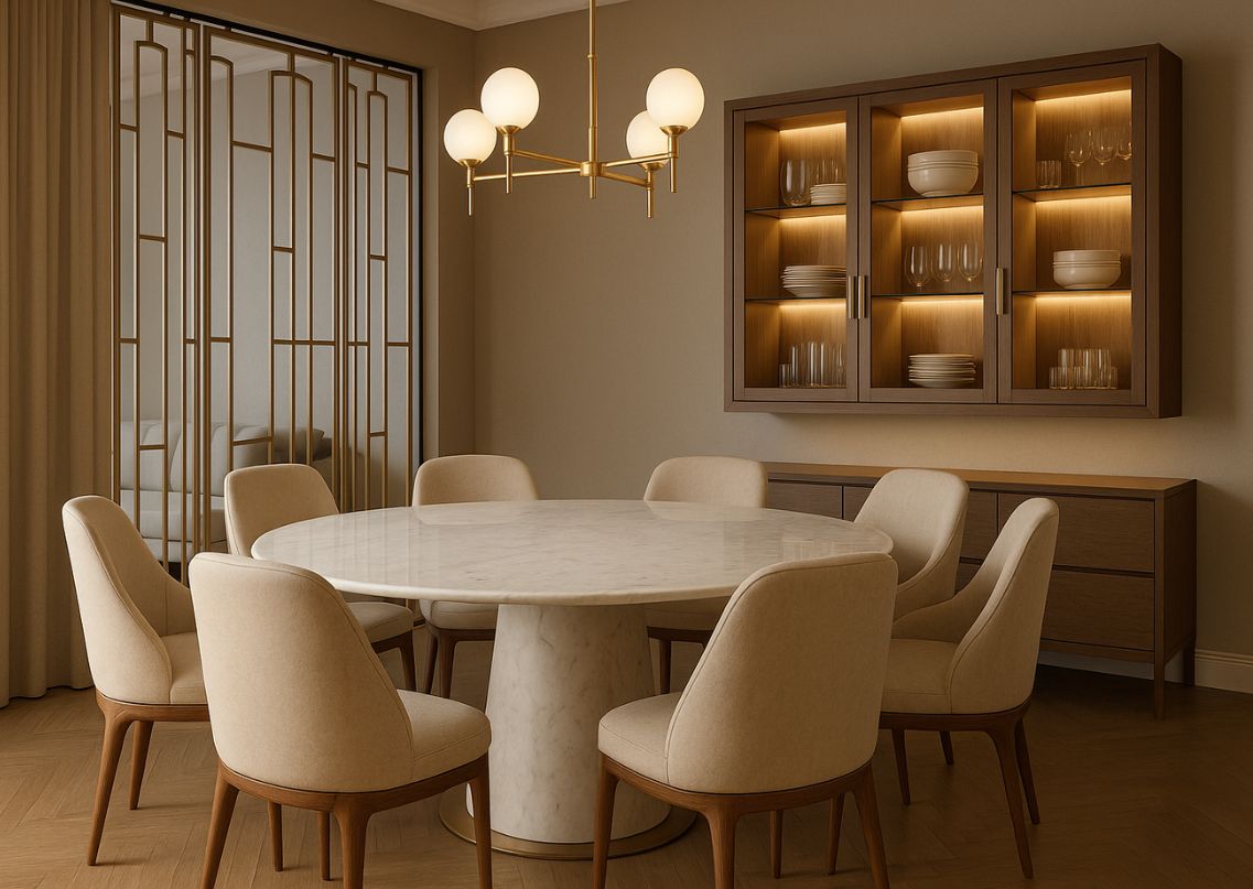 Dining room with marble table and modern chairs - Beautiful Homes