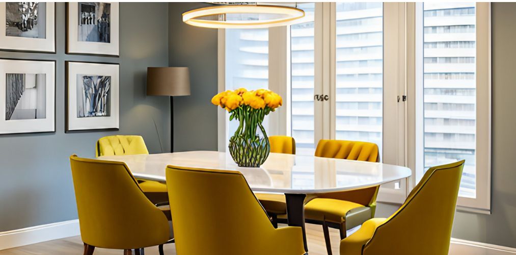 Marble dining table with yellow chairs-Beautiful Homes