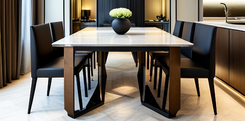 Dining room with marble dining table and black chairs-Beautiful Homes