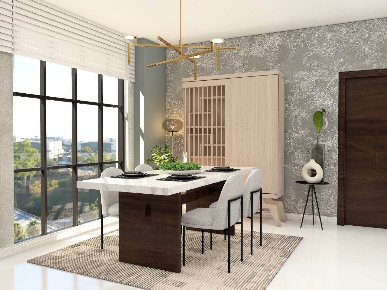 Dining room with marble dining top and white upholstered chairs - Beautiful Homes