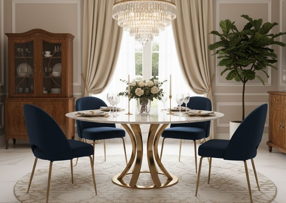 Modern dining room with marble table and gold accents - Beautiful Homes