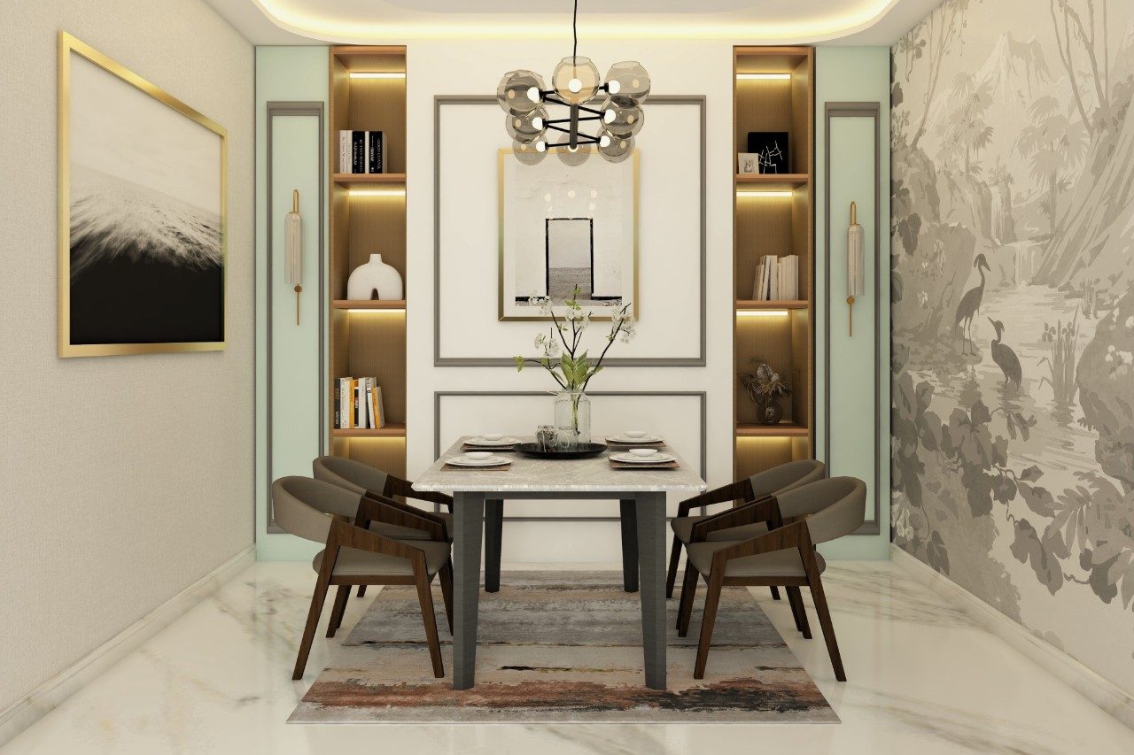 Dining room with marble top table and wall shelves-Beautiful Homes