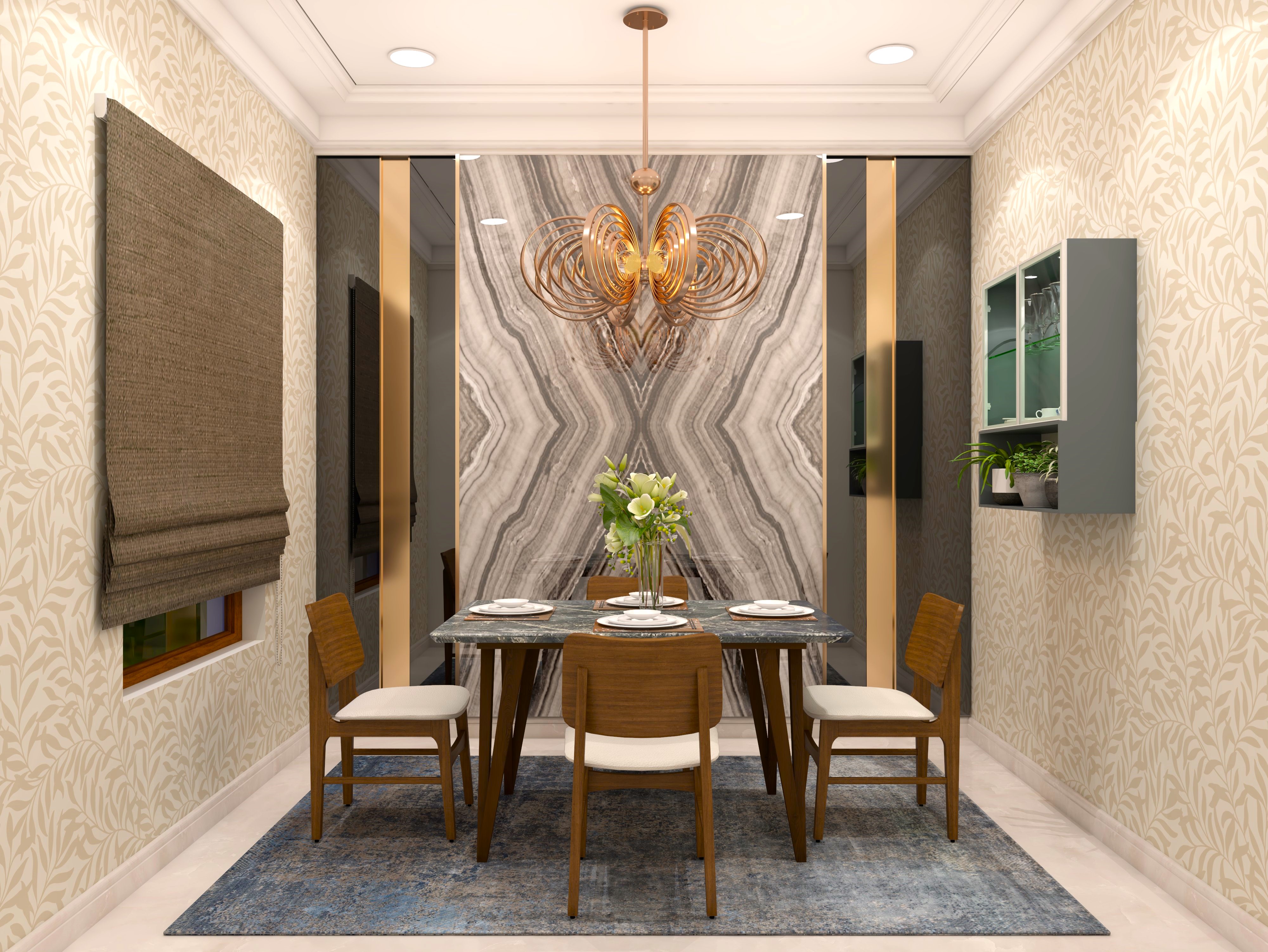 Dining room with marble wall tile and designer chandelier-Beautiful Homes