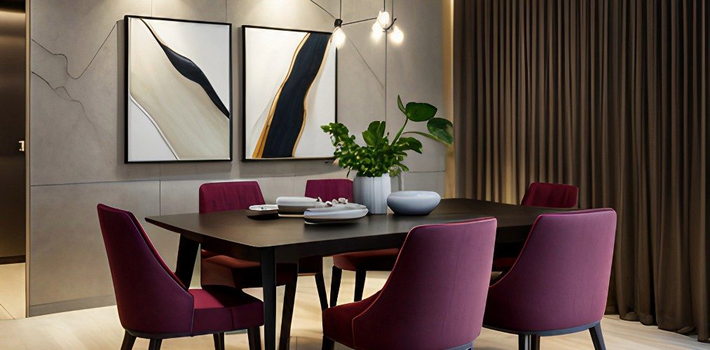 Dining room with wooden dining table and magenta chairs-Beautiful Homes