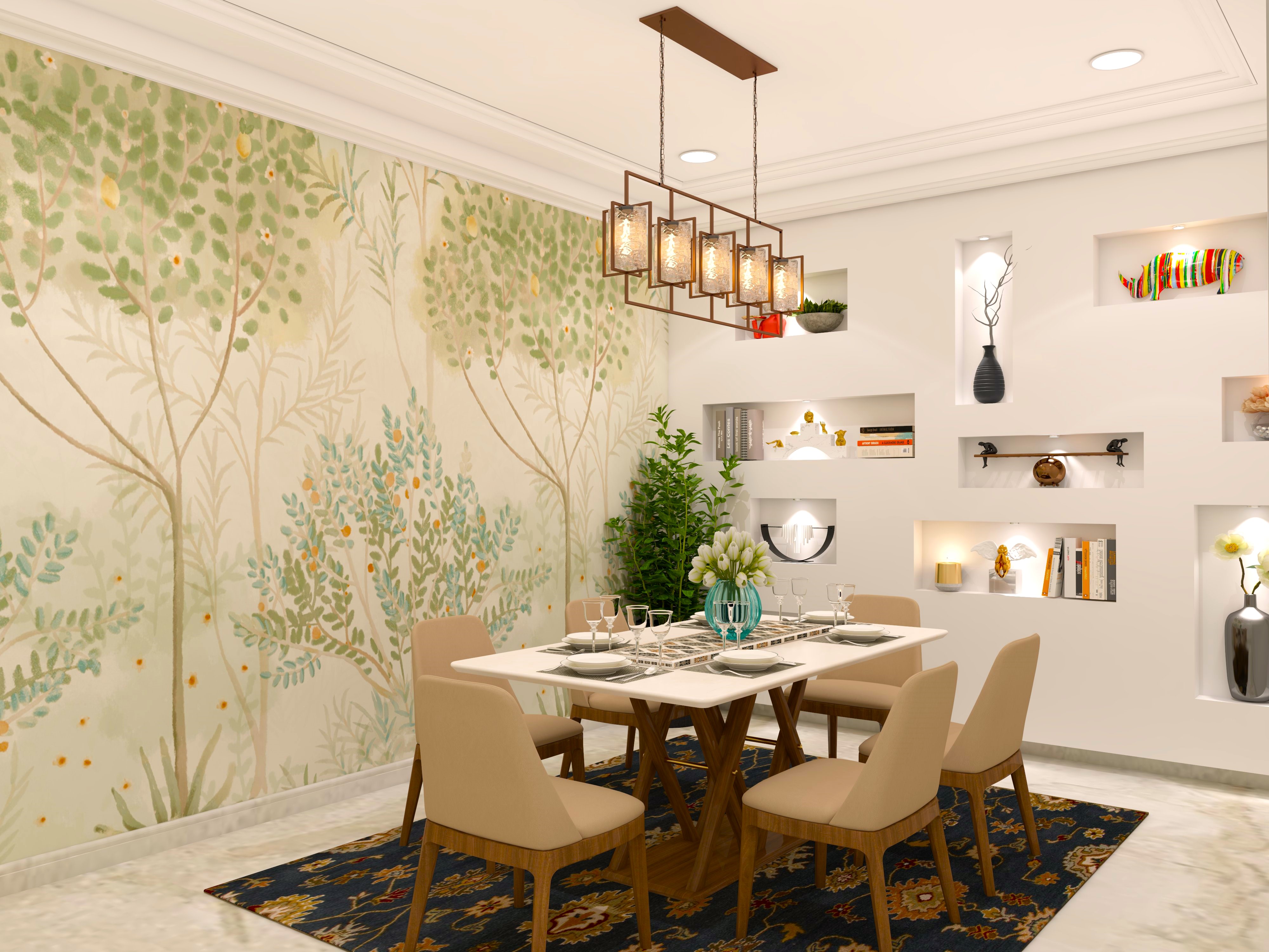 Dining room with neutral colors and tropical wallpaper-Beautiful Homes