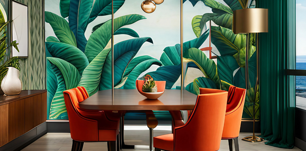 Dining room with orange chairs and tropical wallpaper-Beautiful Homes