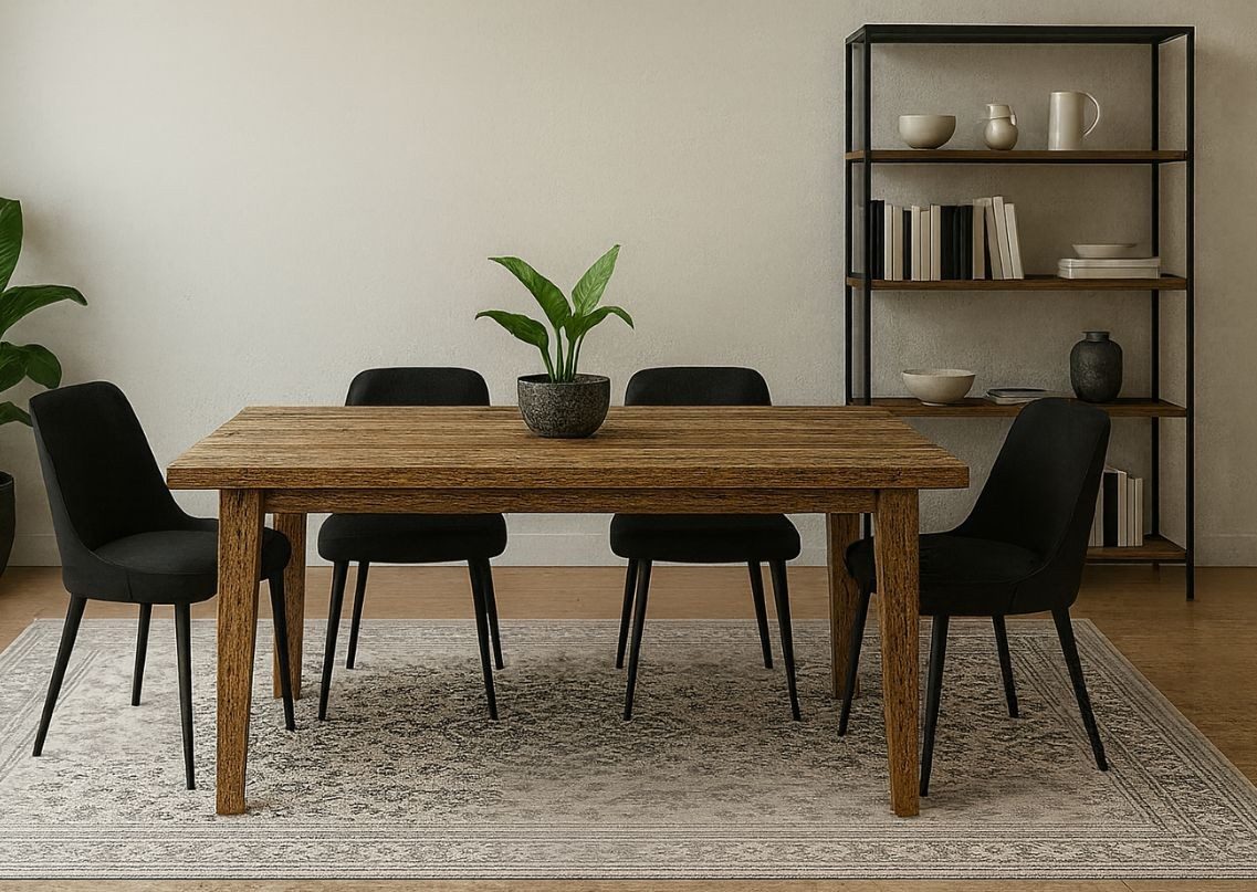 Dining room with wooden table and black chairs - Beautiful Homes