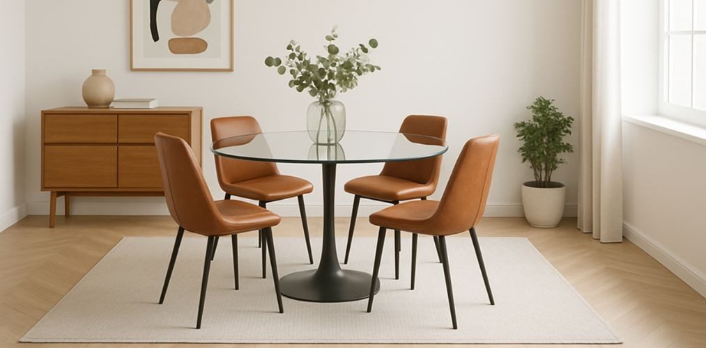 Modern dining room with glass table and brown chairs - Beautiful Homes