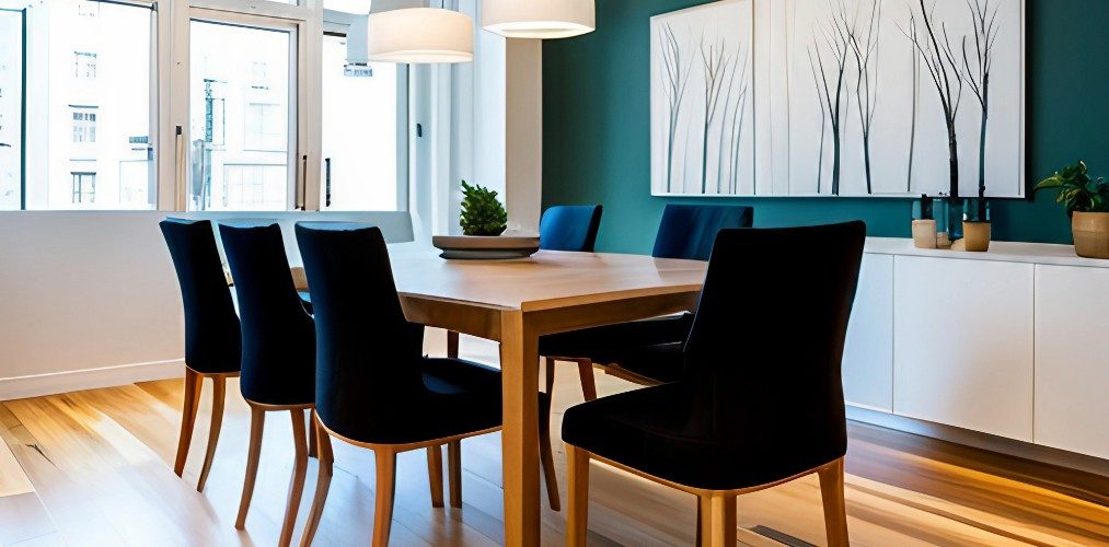 Dining room with wooden dining table and black chairs-Beautiful Homes