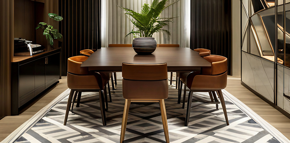 Dining room with wooden dining table and geometric rug-Beautiful Homes