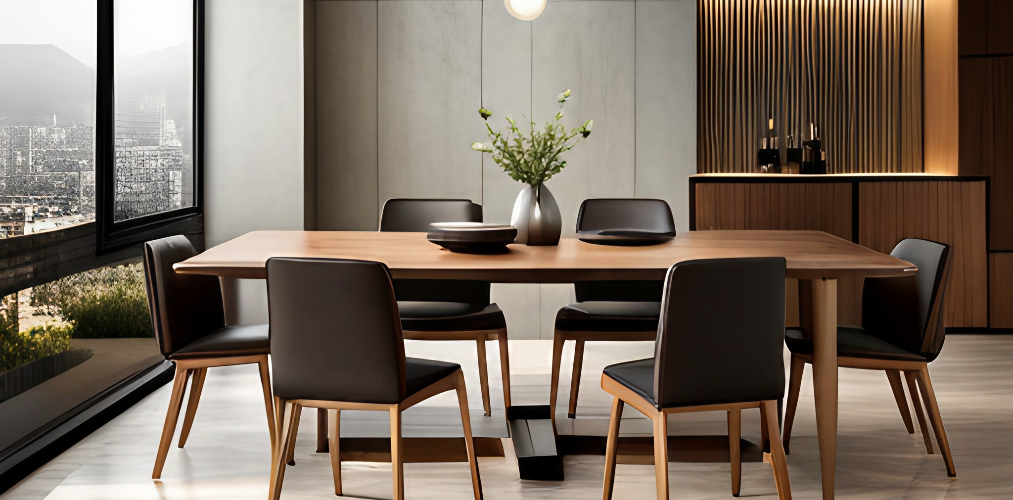 Dining room with wooden dining table and black leather chairs-Beautiful Homes