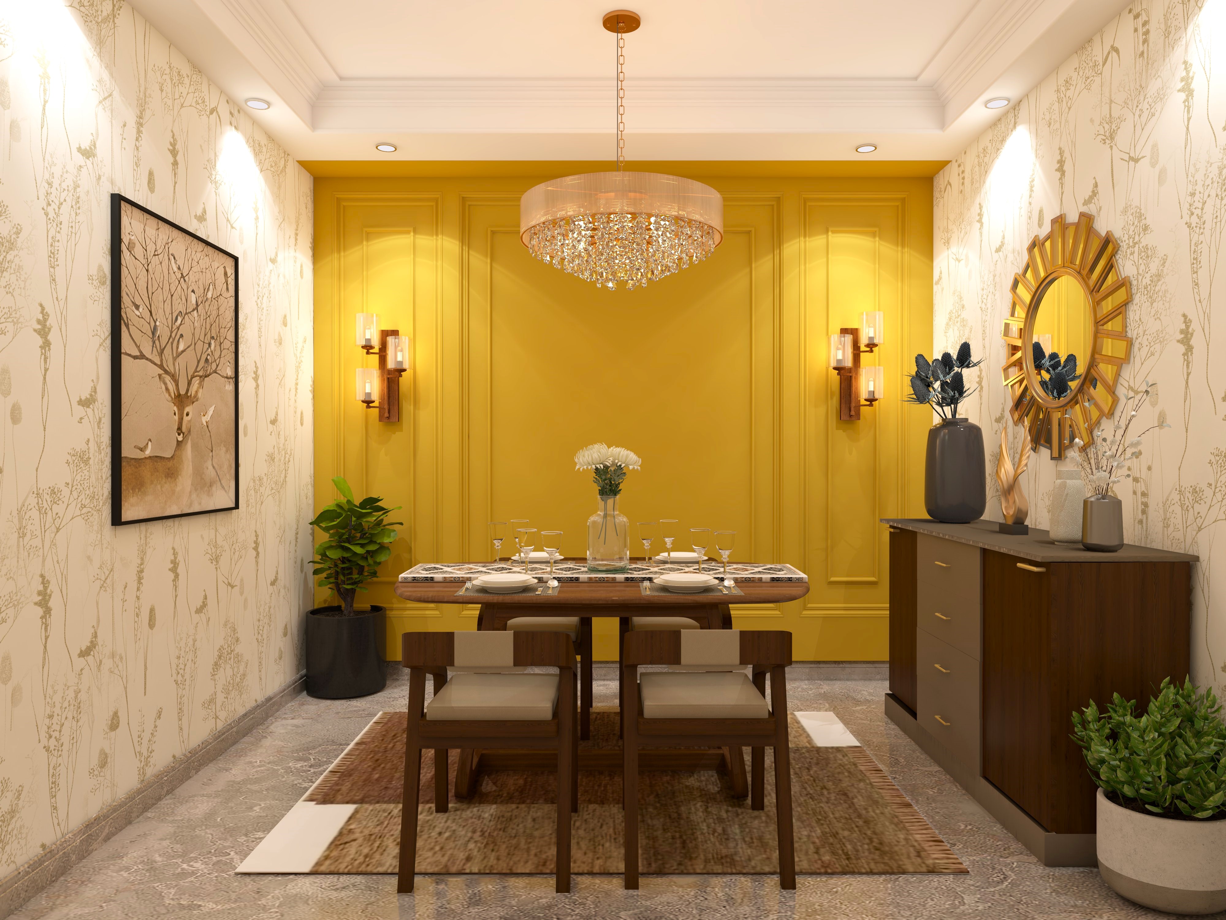 Dining room with wooden console and yellow wall paneling-Beautiful Homes