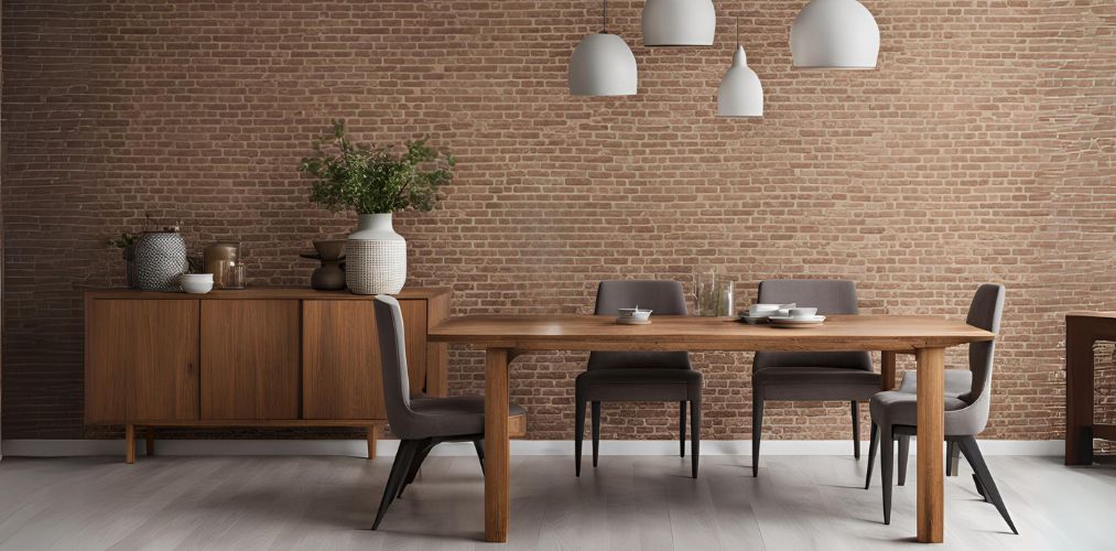 Dining room with wooden table and brick wallpaper - Beautiful Homes