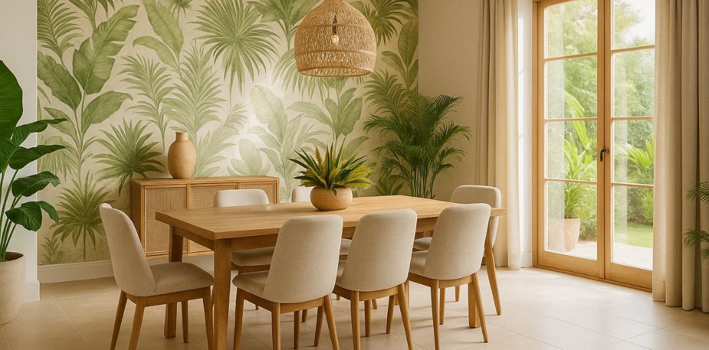 Dining room with wooden table and nature décor - Beautiful Homes