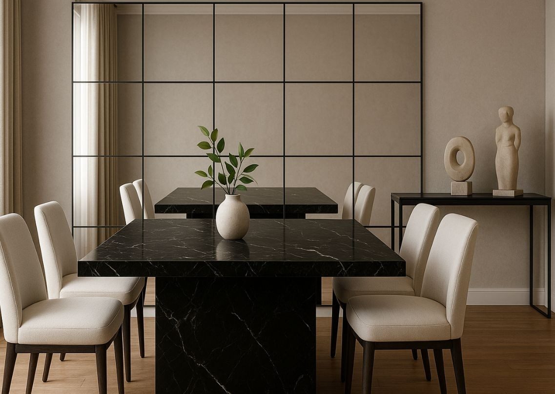 Black marble dining table with white chairs and décor - Beautiful Homes