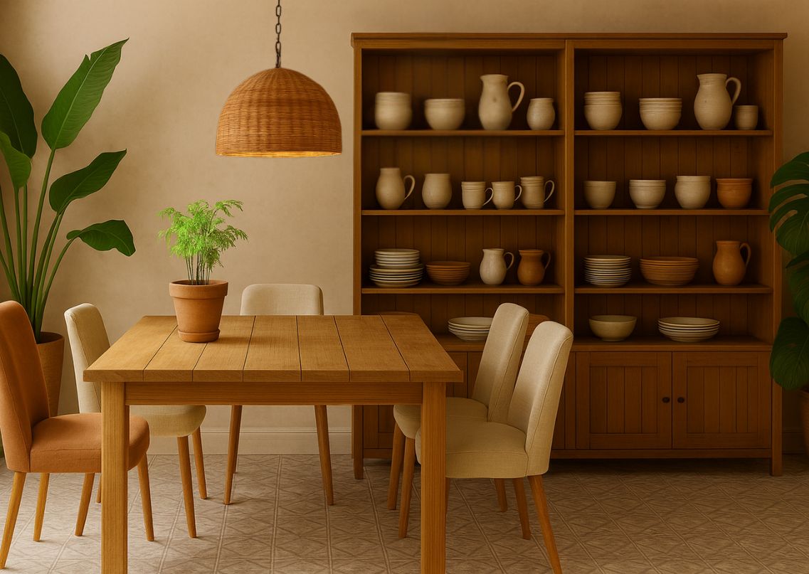 Wooden dining table with chairs and crockery unit - Beautiful Homes