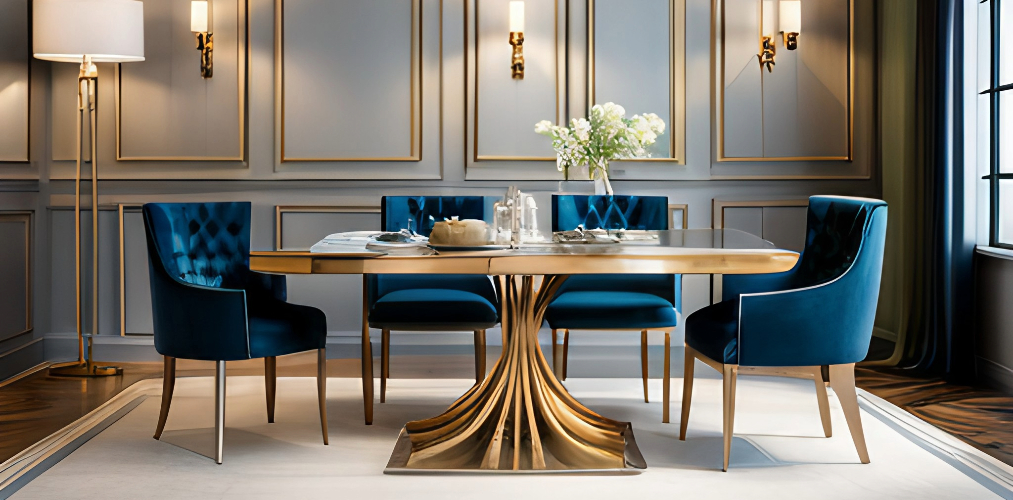 Dining table chair design with blue tufted back and golden legs-Beautiful Homes