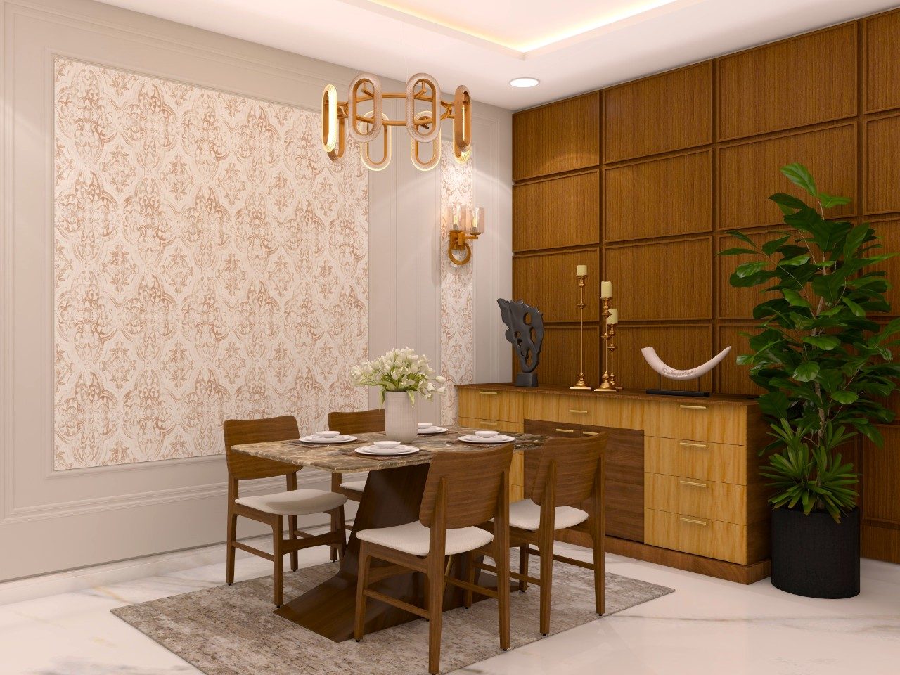 Dining table with marble top and wooden legs with motif wallpaper-Beautiful Homes