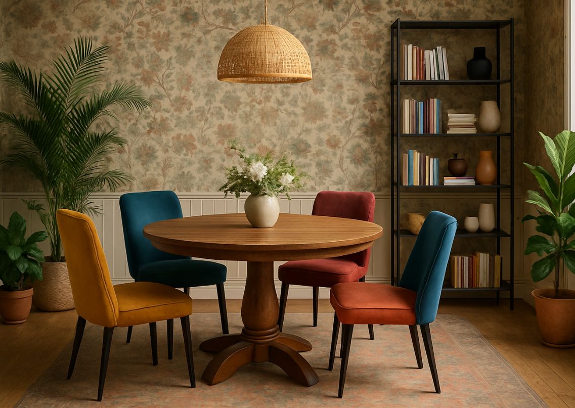 Dining room with wooden table and vibrant chairs - Beautiful Homes