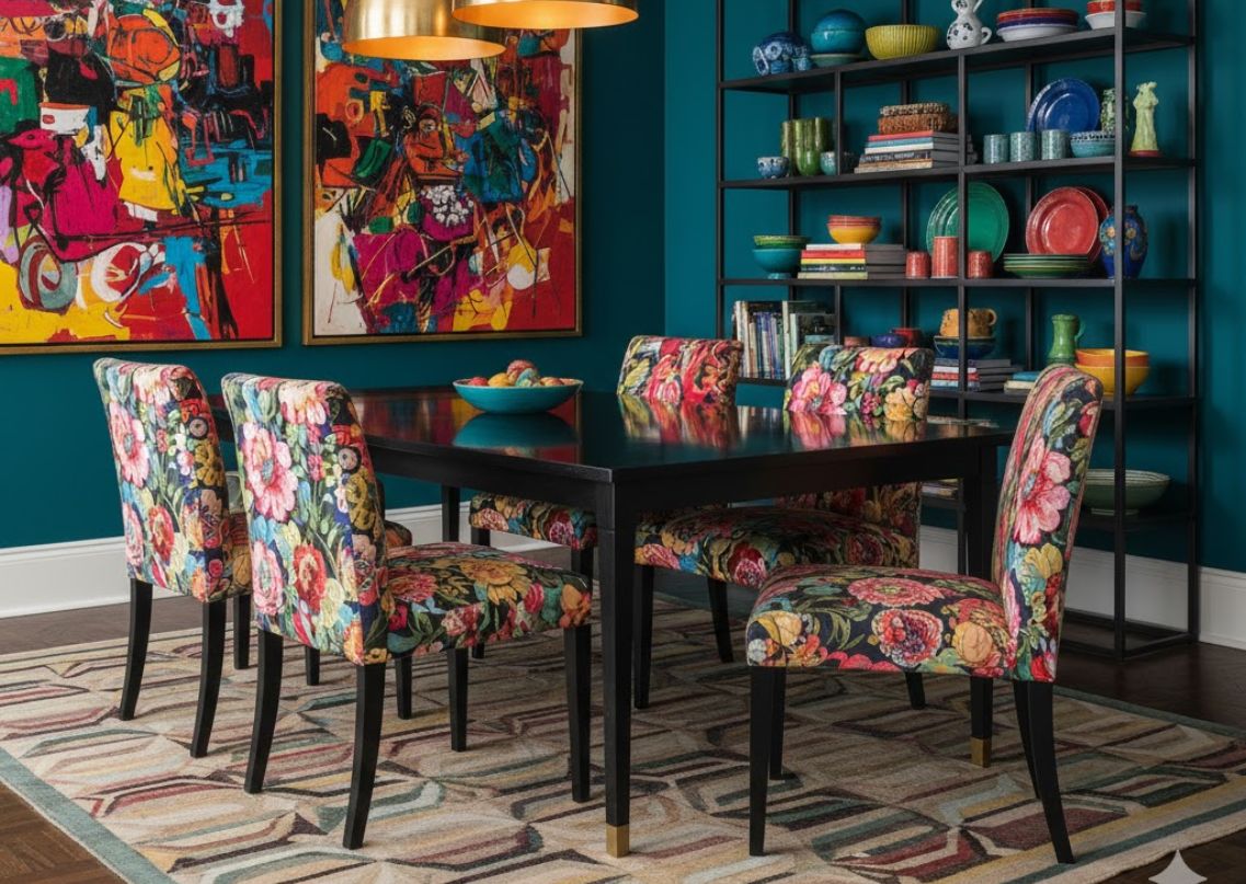 colourful dining room with floral chairs and teal walls - Beautiful Homes