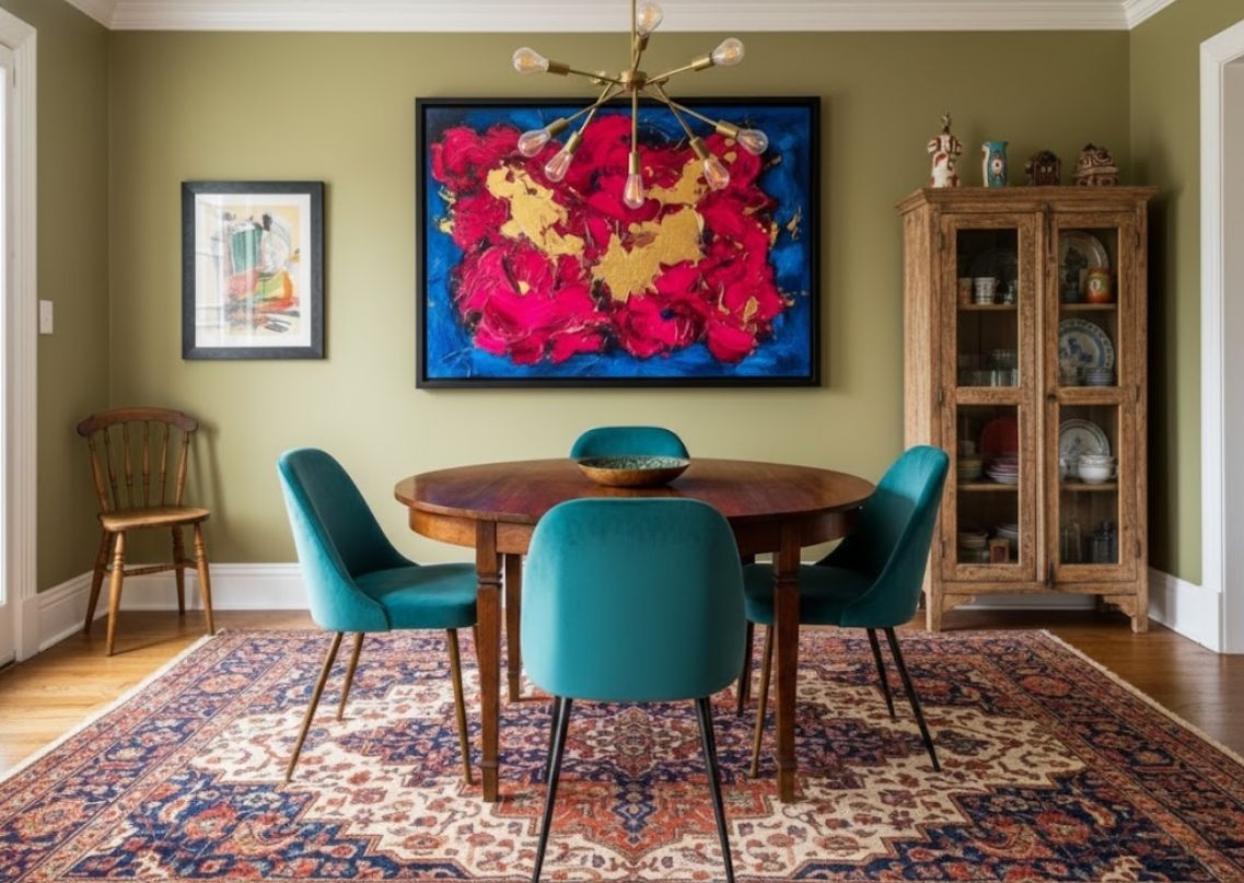 Wooden dining table with teal chairs and art - Beautiful Homes