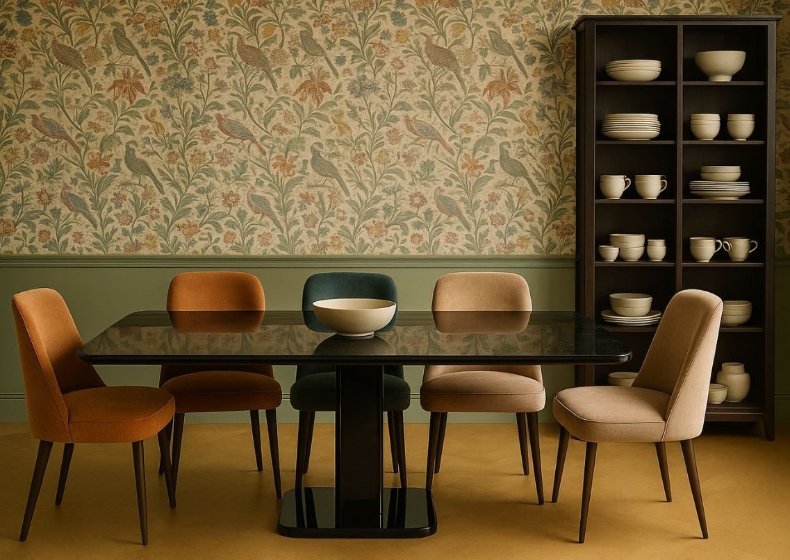 Dining room with glass table and floral wallpaper - Beautiful Homes
