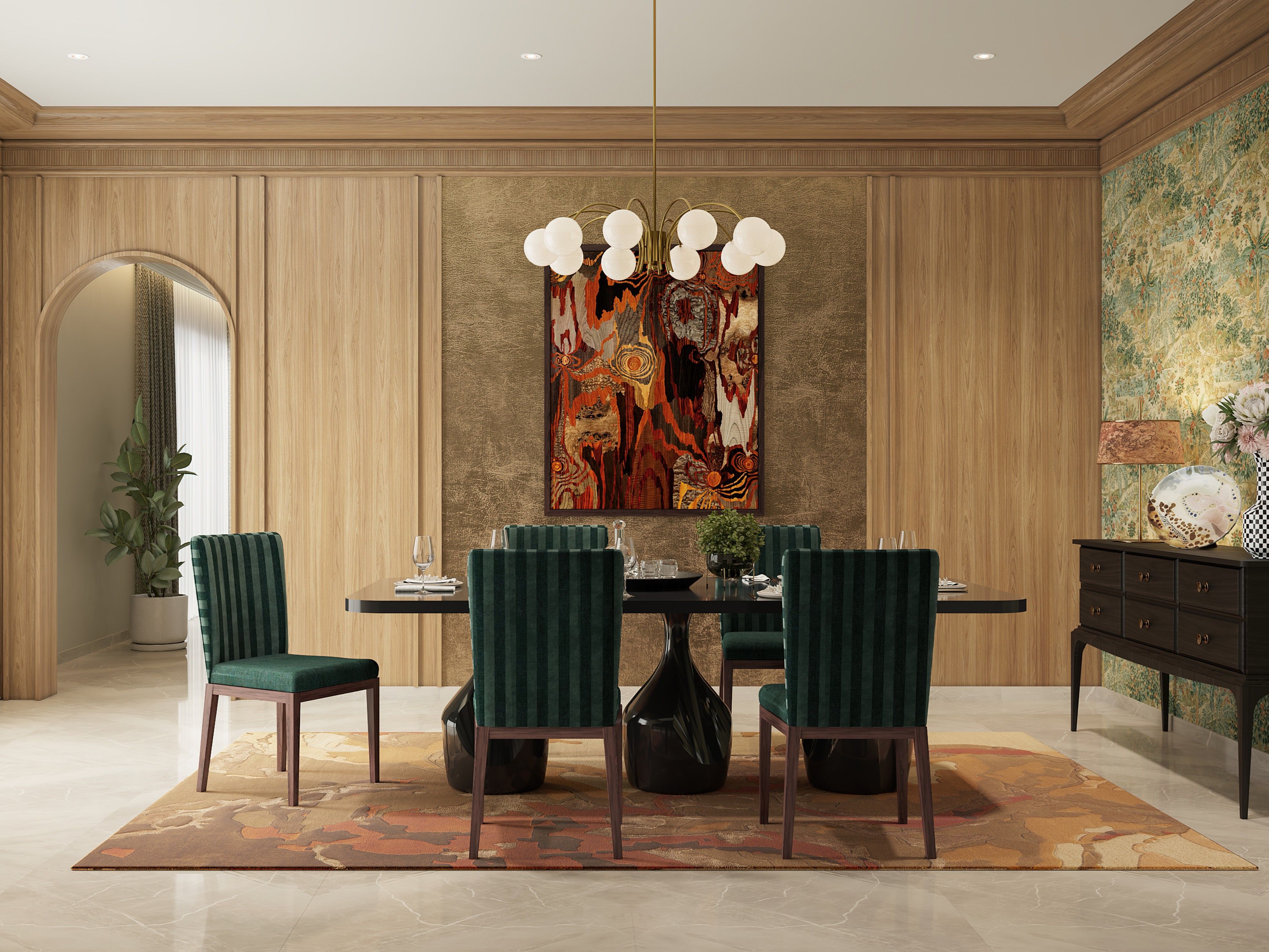 Elegant dining room featuring green striped chairs, wooden paneling, and a modern chandelier - Beautiful Homes