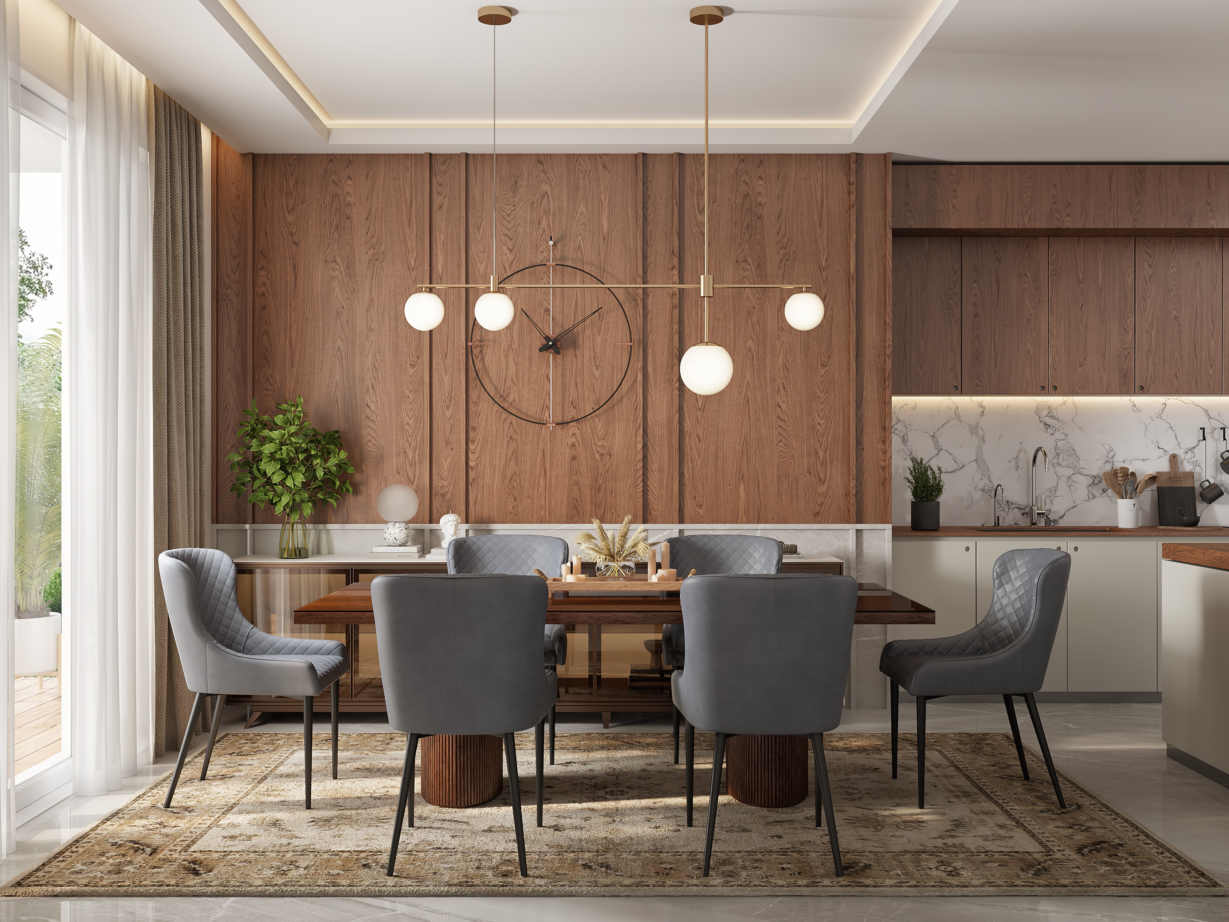 Luxury dining room with wooden table and hanging lights - Beautiful Homes