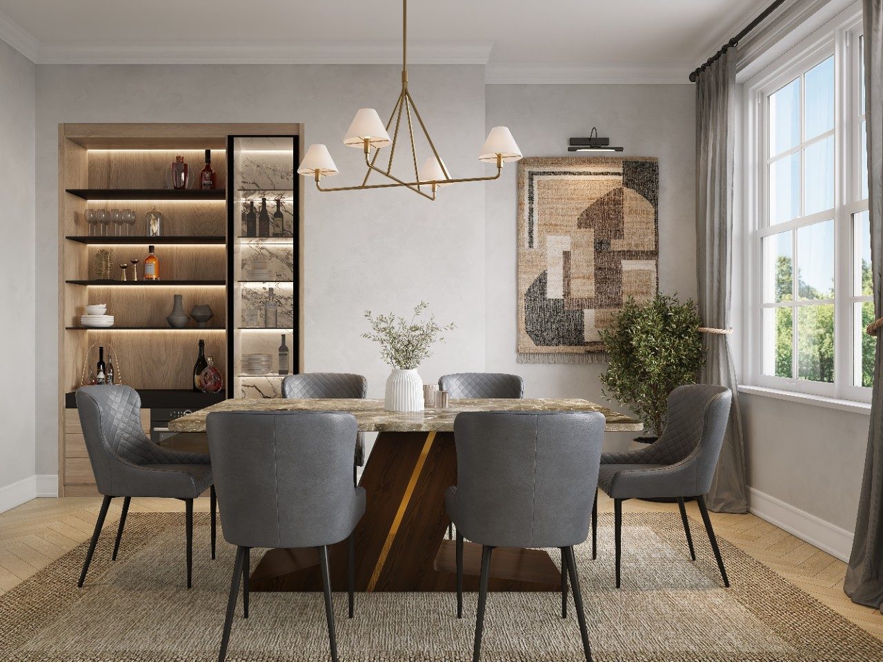 Dining room with marble table and grey chairs - Beautiful Homes