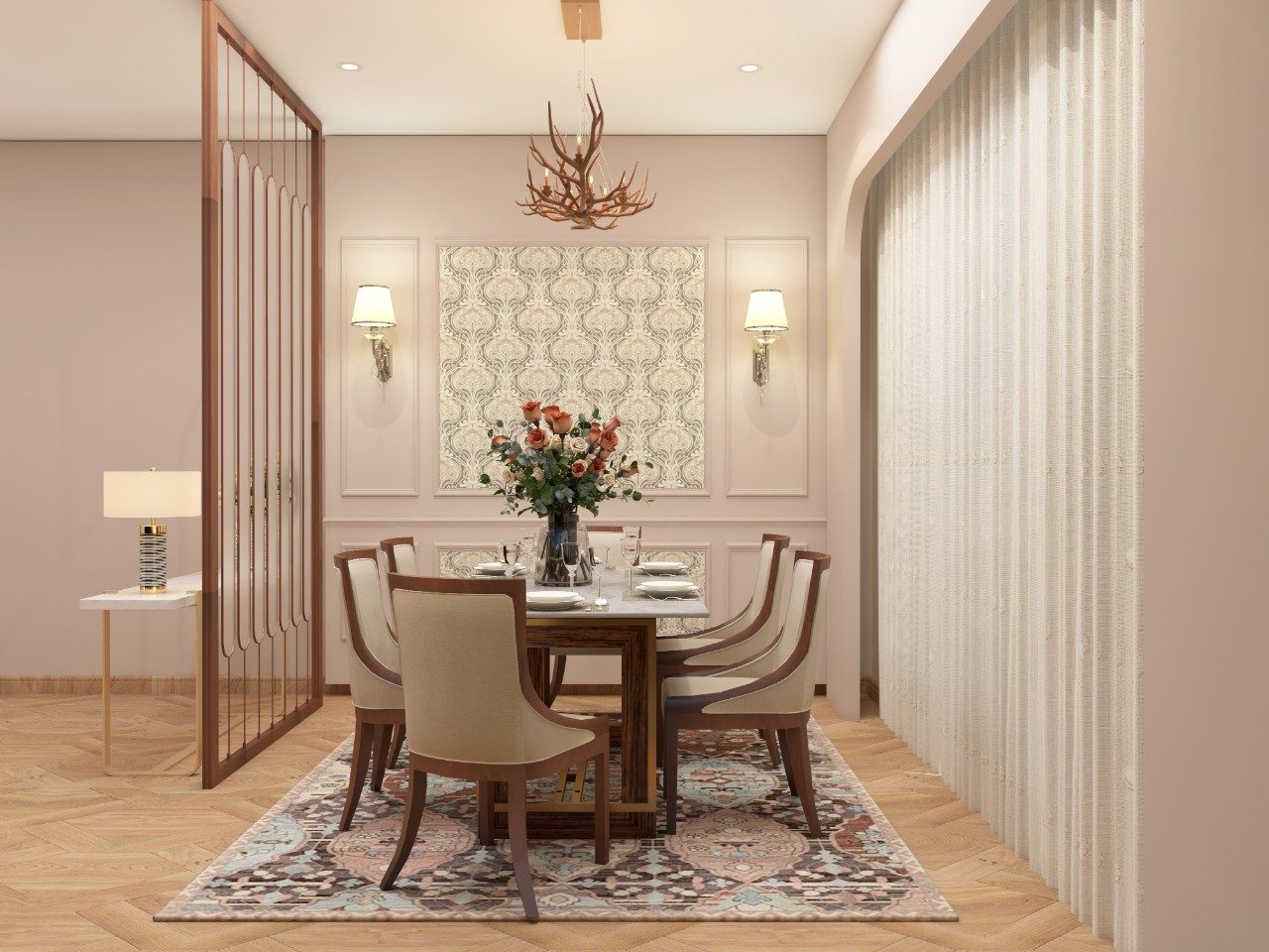 Elegant dining room with neutral colour palette and intricate wallpaper - Beautiful Homes