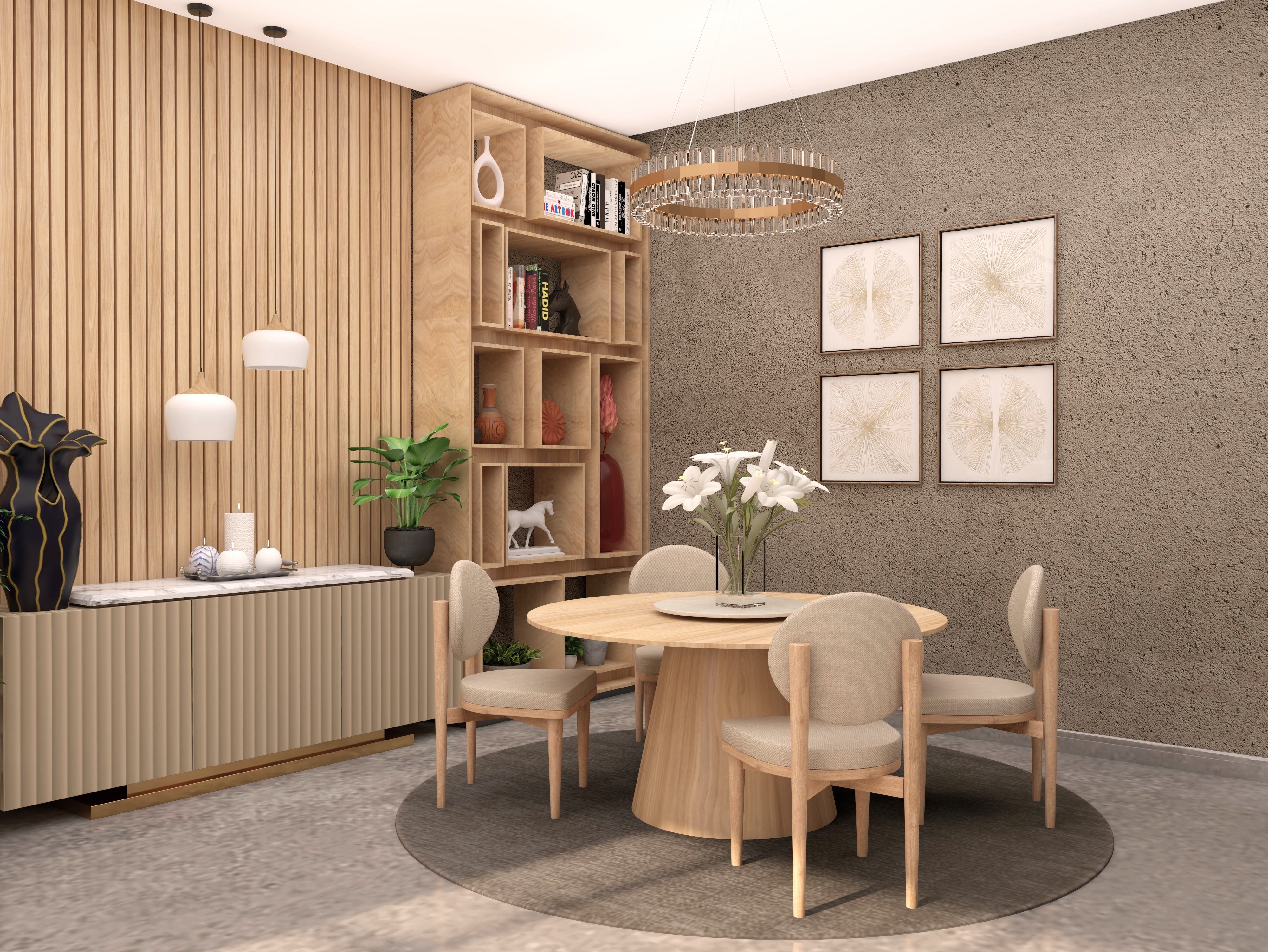 Minimalist dining room with round table and light wood furniture - Beautiful Homes