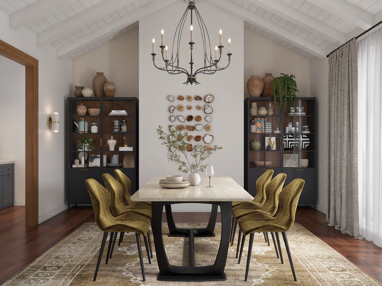 Dining room with modern table, chairs and chandelier - Beautiful Homes