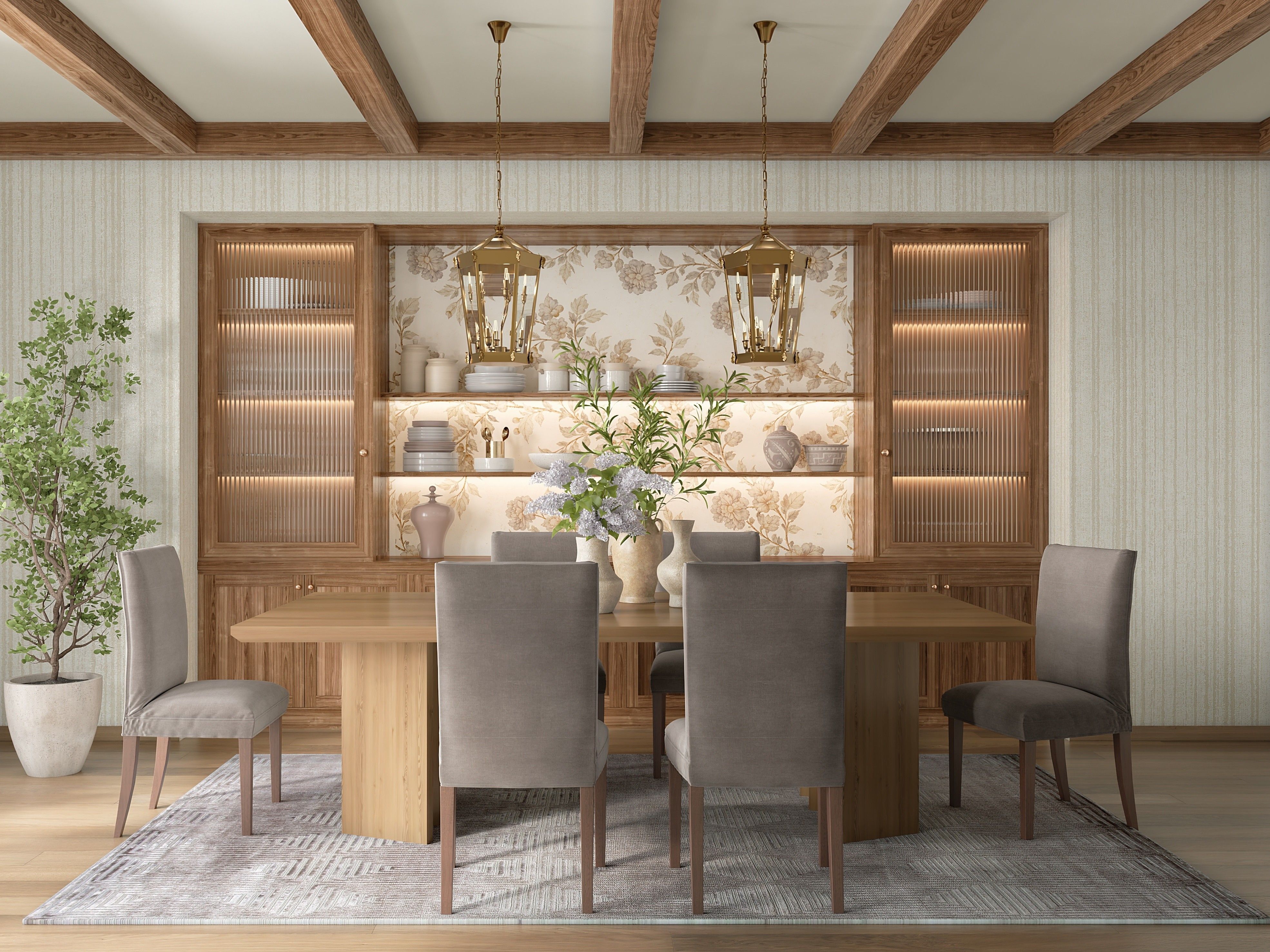 Warm dining room featuring wooden beams, floral wallpaper, and a central wooden table - Beautiful Homes