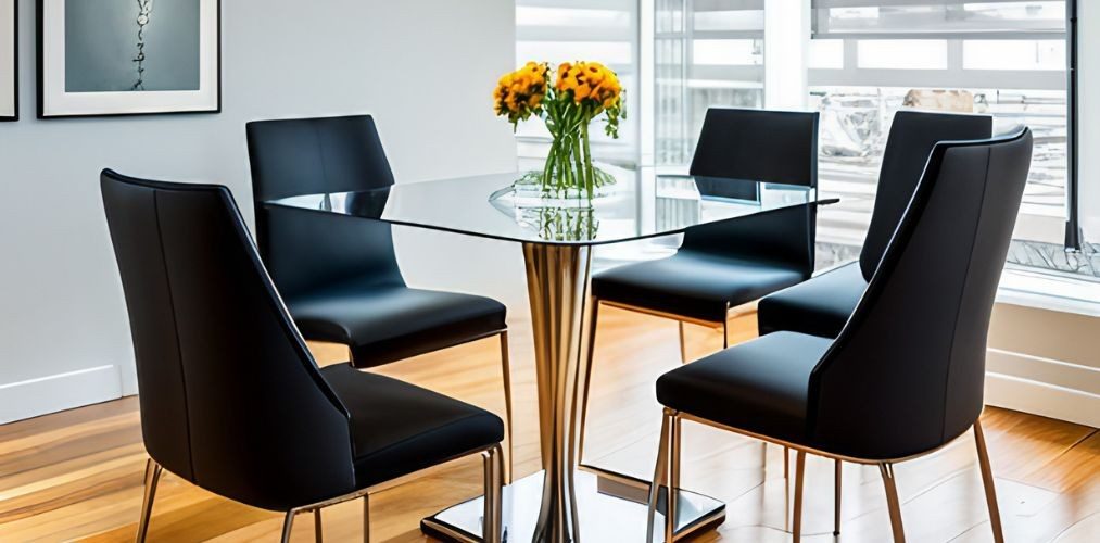 Glass dining table with black dining chairs-Beautiful Homes