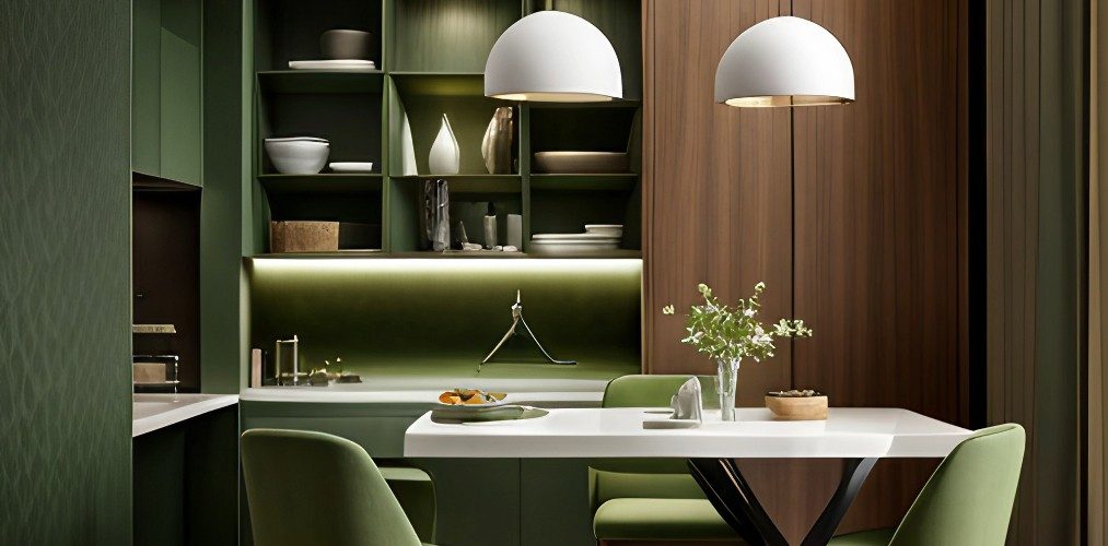 Green crockery unit design with marble dining table-Beautiful Homes