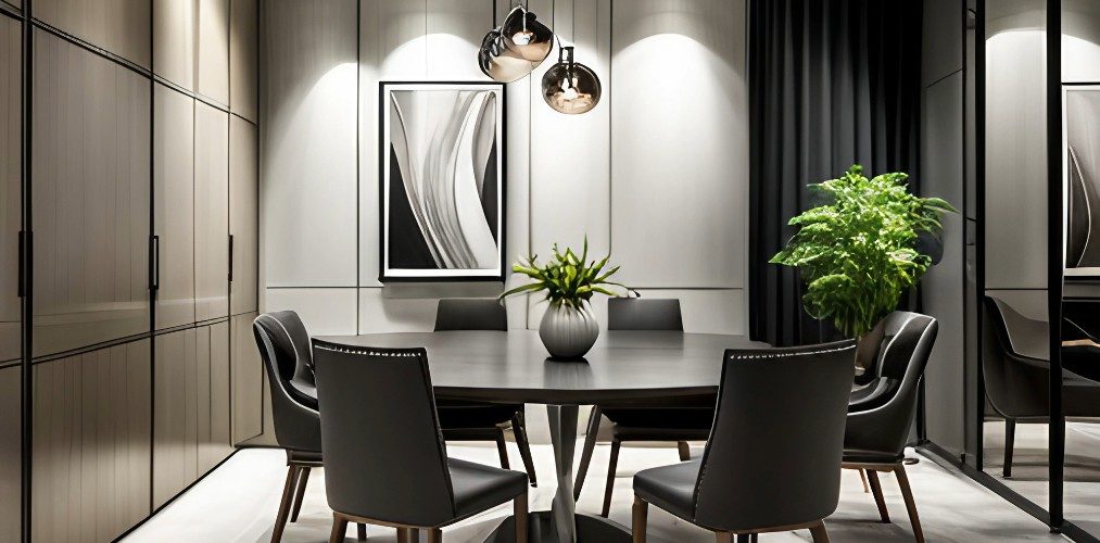 Grey dining room with grey table and chairs-Beautiful Homes