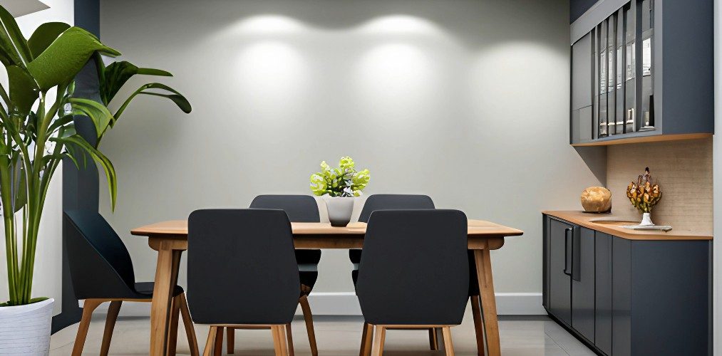 Grey dining room with wooden crockery unit-Beautiful Homes