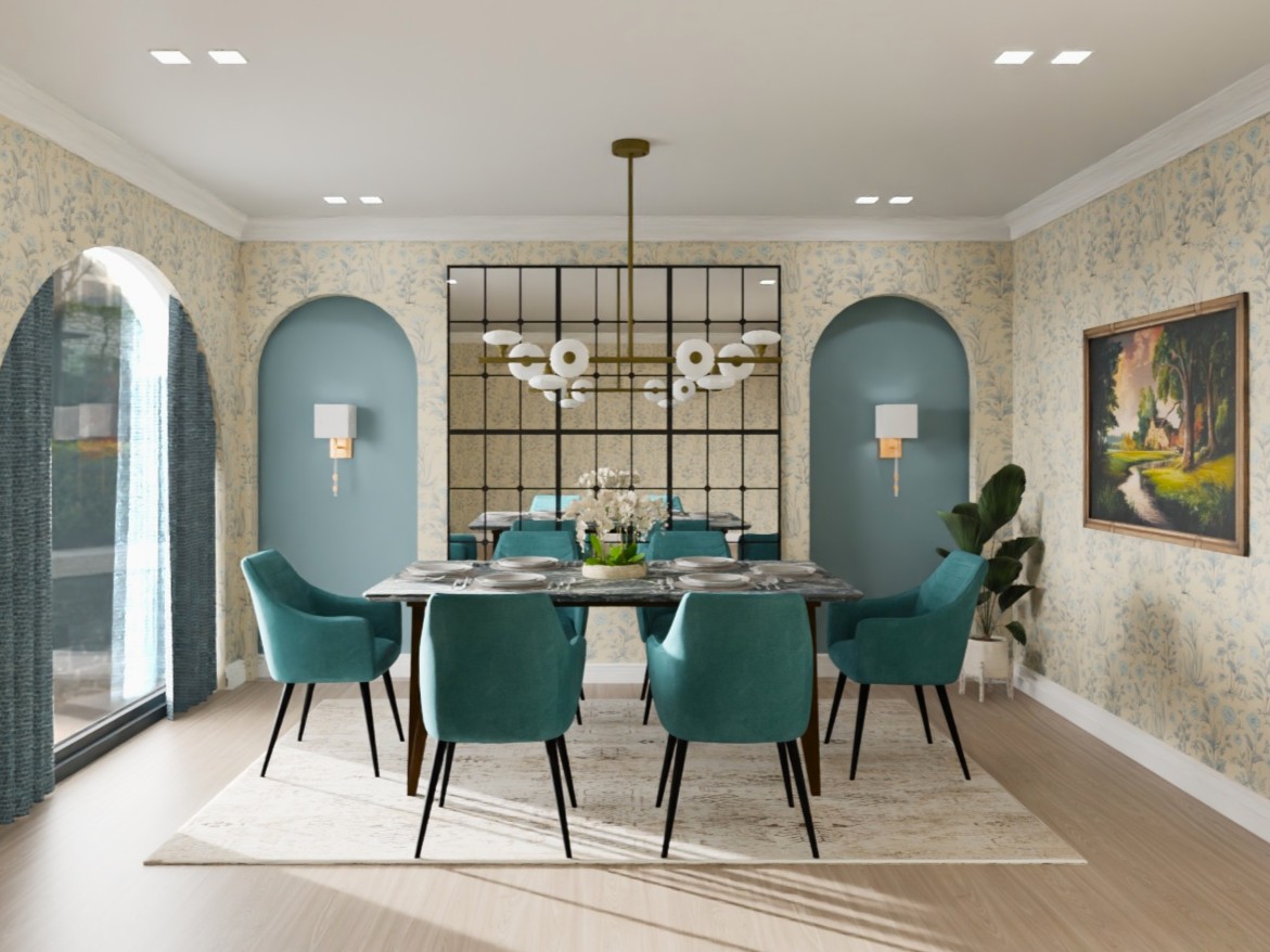 Modern dining room with teal chairs and marble table - Beautiful Homes