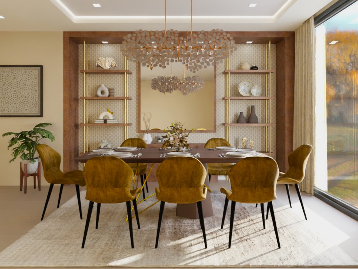 Dining room with velvet chairs and modern chandelier - Beautiful Homes